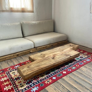 Barn Beam Coffee Table Reclaimed Wood, Low Wabi Sabi Wood Coffee Table, Rustic Japandi Furniture zdjęcie 5