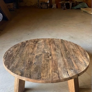 Reclaimed Barn Wood Coffee Table – Rustic Round Handmade Wabi Sabi Furniture image 14