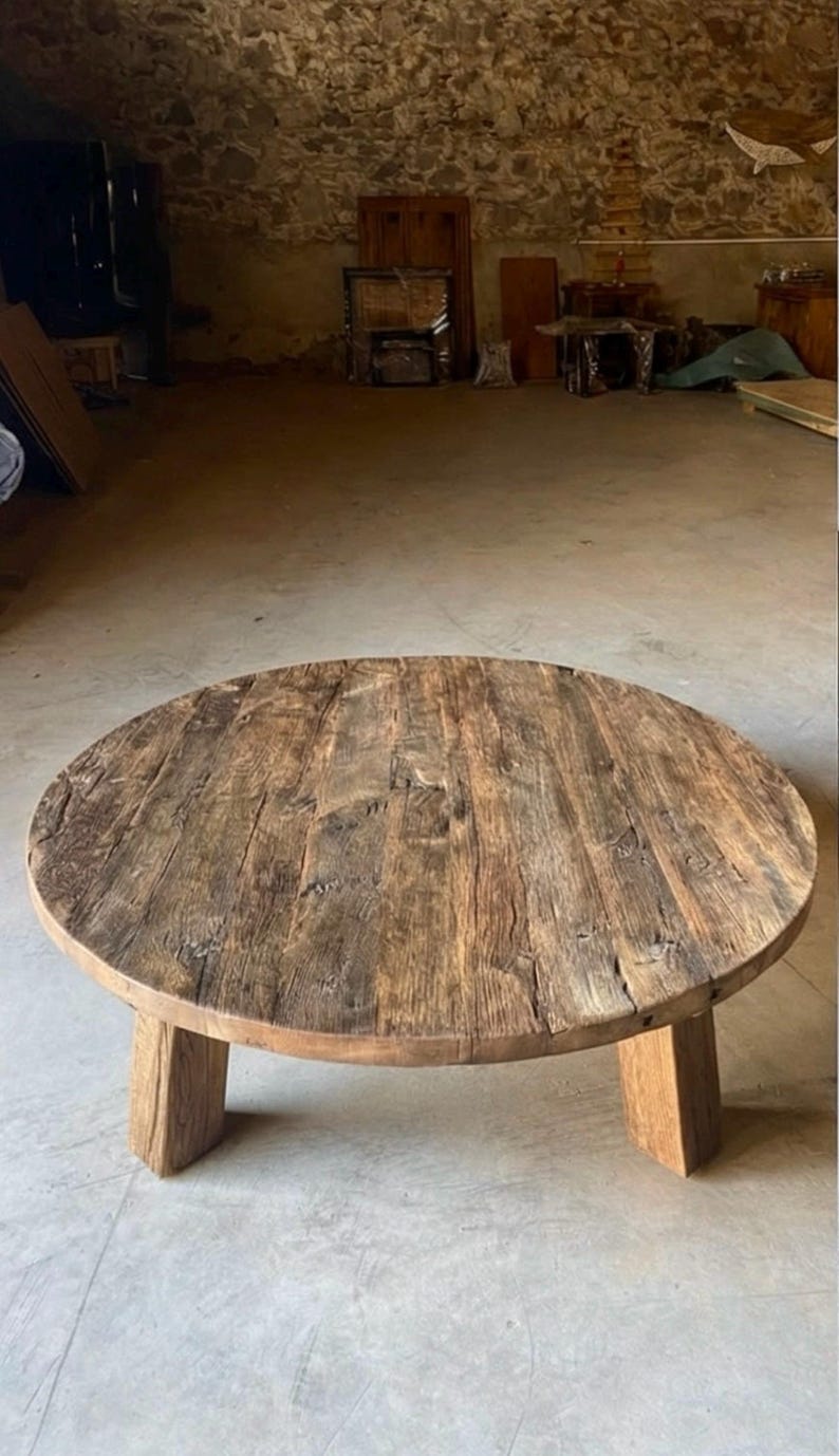 Reclaimed Barn Wood Coffee Table – Rustic Round Handmade Wabi Sabi Furniture image 14