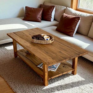 Reclaimed Oak Coffee Table with Shelf: Rustic Barnwood Farmhouse