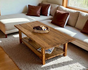 Reclaimed Oak Coffee Table with Shelf: Rustic Barnwood Farmhouse
