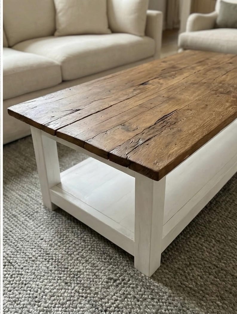 Rustic Reclaimed Oak Coffee Table, Handcrafted Solid Wood Table with Storage Shelf image 20