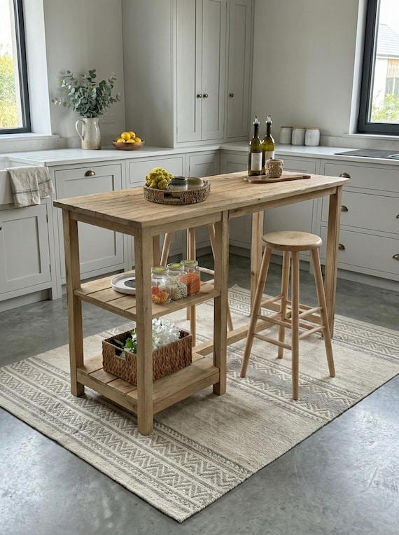 Handcrafted Reclaimed Oak Kitchen Island, Modern Rustic Bar Table Farmhouse Style