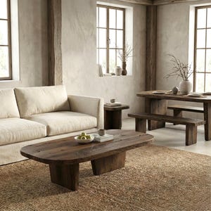 View of Japandi Reclaimed Oak Low Coffee Table – Wabi Sabi Organic Modern Oval ...