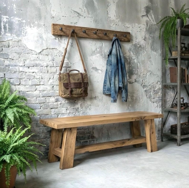 Reclaimed Oak Coat Rack with Wrought Iron Railroad Spike Hooks - Farmhouse Style image 19