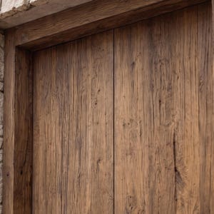 May include: A set of double doors crafted from dark brown reclaimed wood with a prominent vertical grain and natural knots. The doors are framed by a thick wooden border and set beneath a textured, light-colored stone masonry archway.