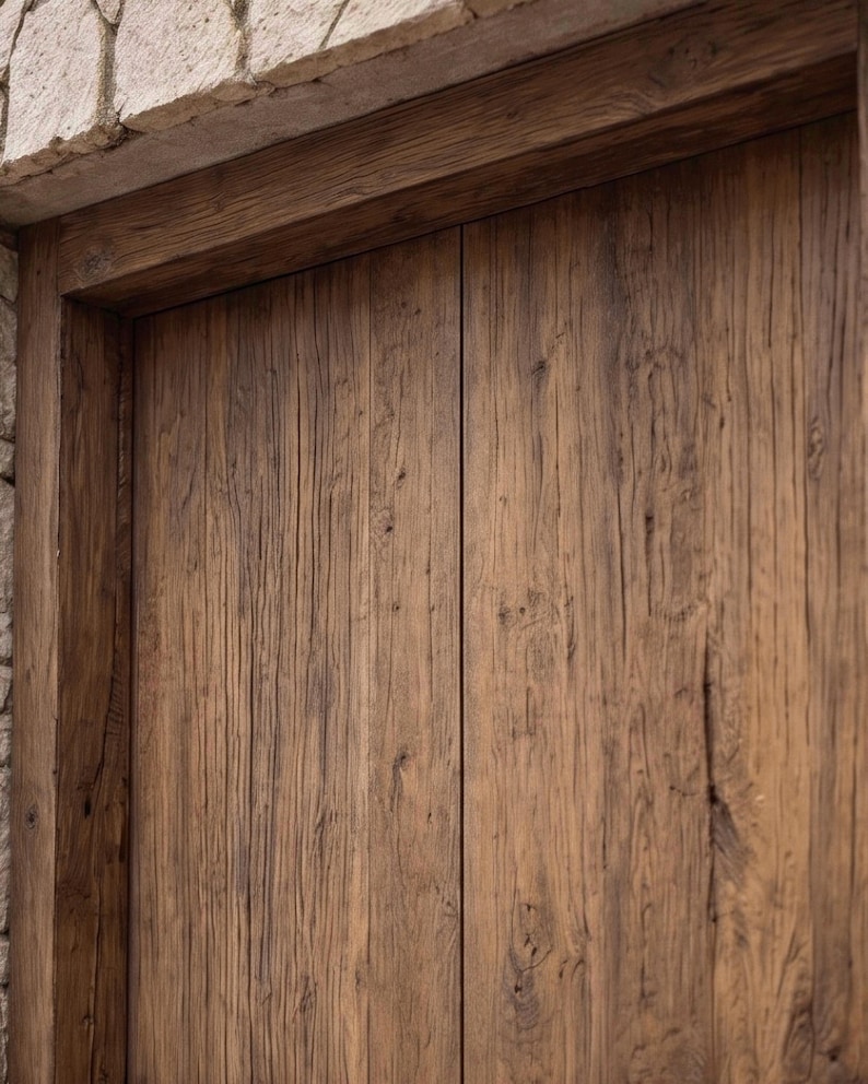 May include: A set of double doors crafted from dark brown reclaimed wood with a prominent vertical grain and natural knots. The doors are framed by a thick wooden border and set beneath a textured, light-colored stone masonry archway.