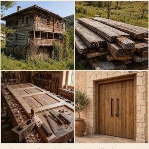 May include: A collage featuring a weathered wooden house in Ortez Village, stacks of reclaimed timber beams, a workbench with woodworking tools and a partially assembled door, and a set of finished chestnut double doors with black handles.