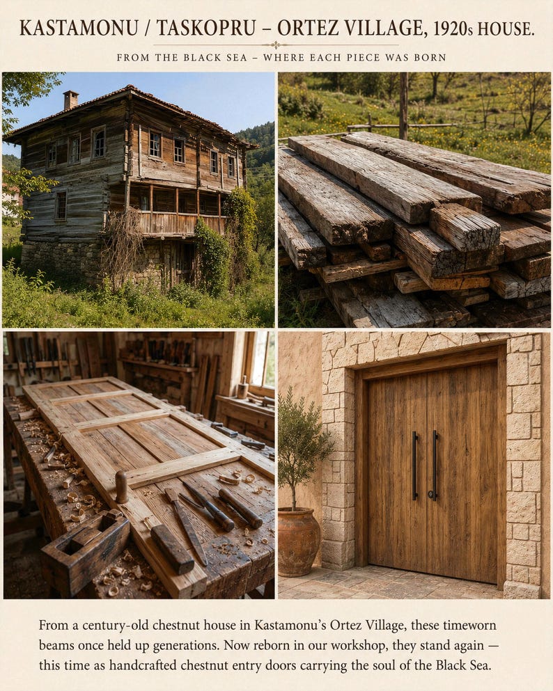 May include: A collage featuring a weathered wooden house in Ortez Village, stacks of reclaimed timber beams, a workbench with woodworking tools and a partially assembled door, and a set of finished chestnut double doors with black handles.