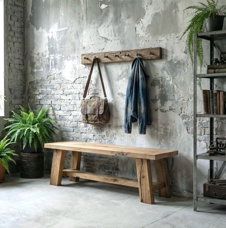 Reclaimed Oak Coat Rack with Wrought Iron Railroad Spike Hooks - Farmhouse Style image 17