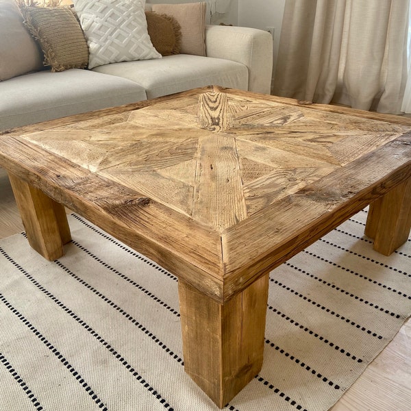 Grote vierkante salontafel van teruggewonnen hout, vierkante boerderij salontafel Rustiek antiek decor, Rustieke salontafel van teruggewonnen hout
