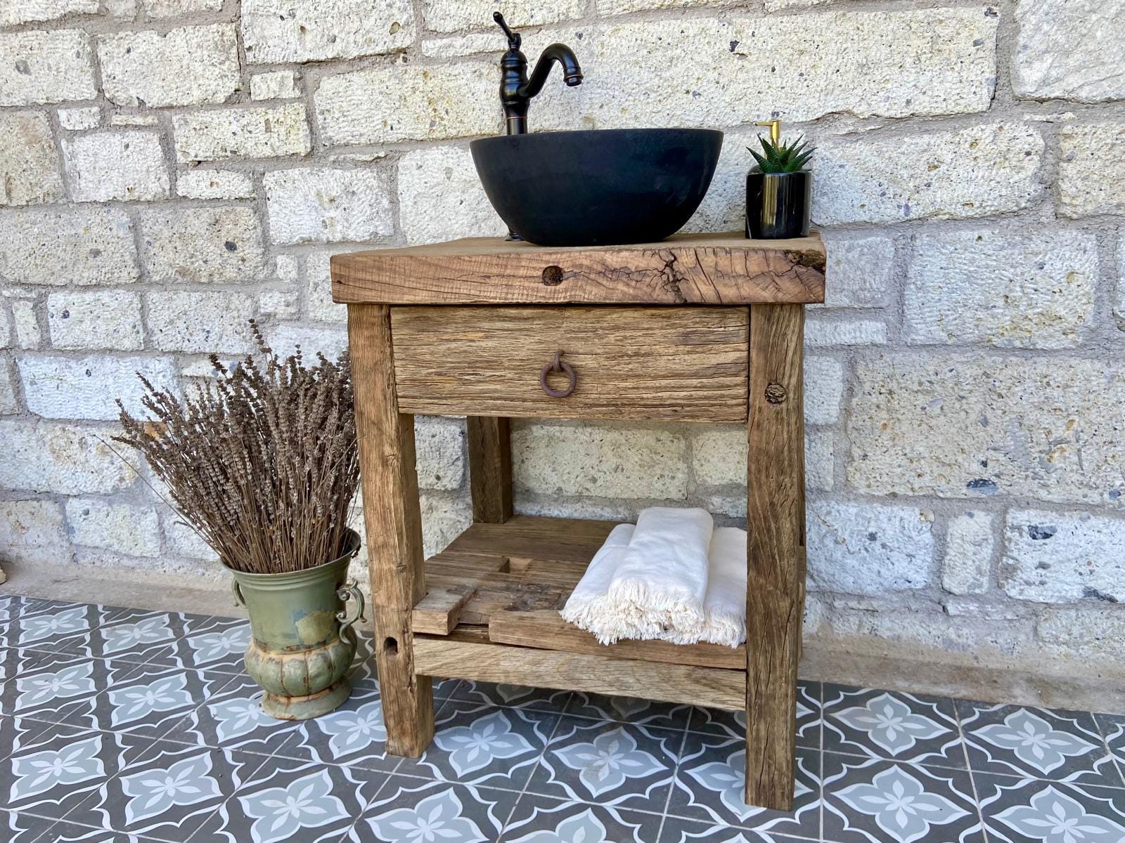 Reclaimed Wood Bathroom Vanity with Black Stone Sink – Farmhouse Rustic Cabinet with Drawer