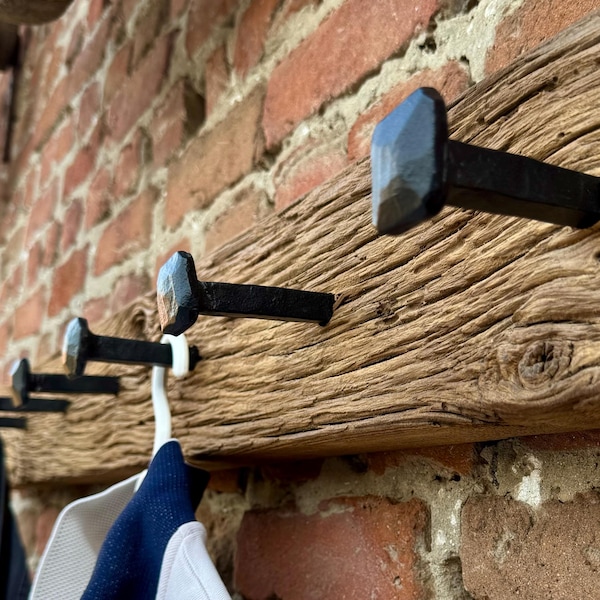 Reclaimed Oak Coat Rack with Wrought Iron Railroad Spike Hooks - Farmhouse Style