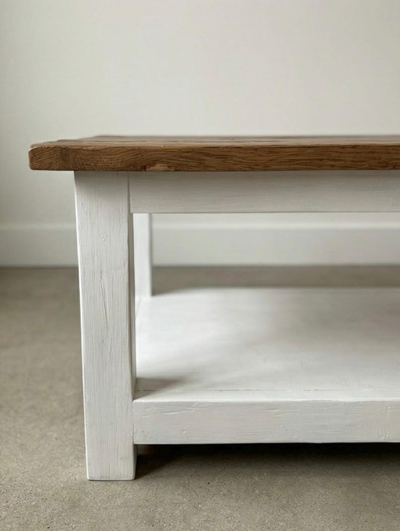 Rustic Reclaimed Oak Coffee Table, Handcrafted Solid Wood Table with Storage Shelf image 7