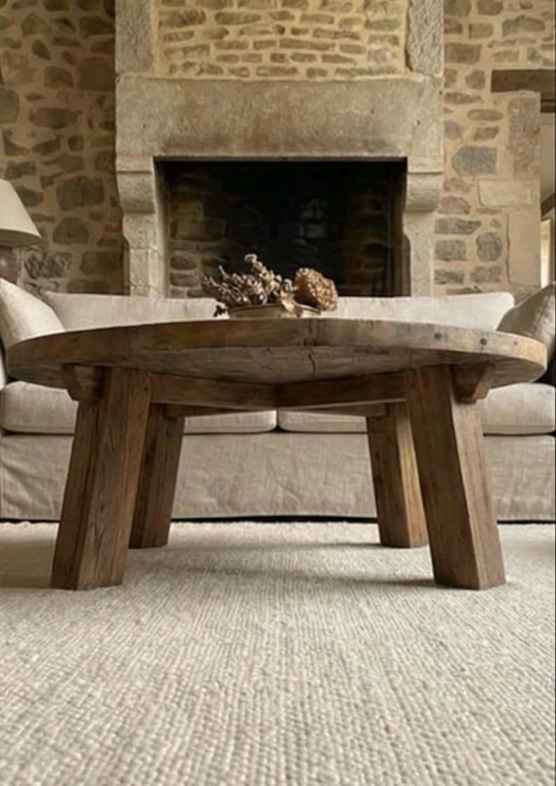 Reclaimed Barn Wood Coffee Table – Rustic Round Handmade Wabi Sabi Furniture image 8