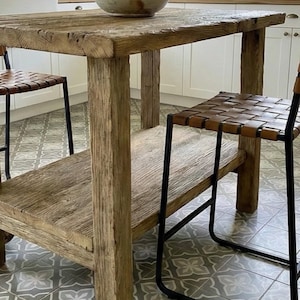 Reclaimed Oak Kitchen Island Table – Rustic Farmhouse Counter Height Table with Storage Shelf image 11