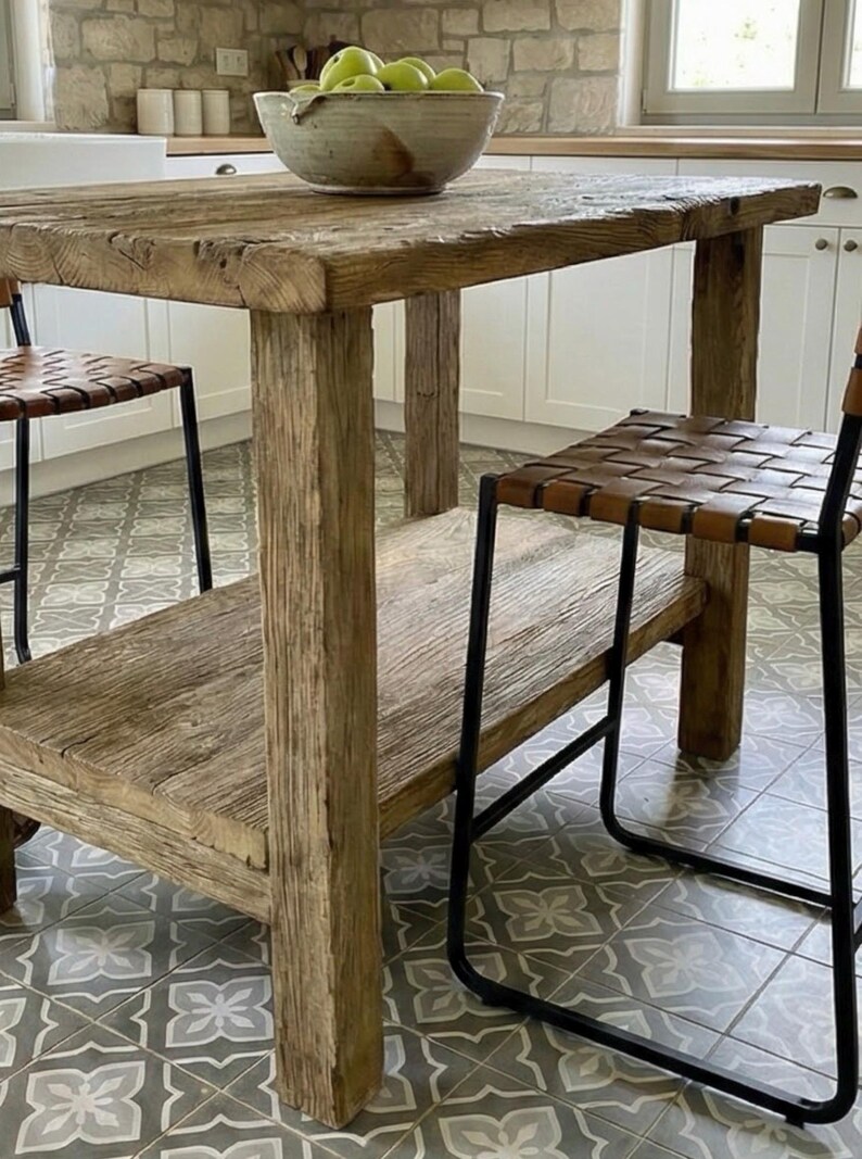 Reclaimed Oak Kitchen Island Table – Rustic Farmhouse Counter Height Table with Storage Shelf image 11