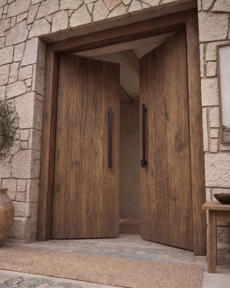 Mediterranean Double Front Door with Frame, Reclaimed Chestnut Wood Entry Door Set image 2
