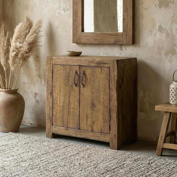 Rustic Modern Reclaimed Oak Cabinet – Handcrafted Japandi Entryway
