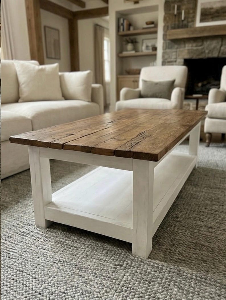 Rustic Reclaimed Oak Coffee Table, Handcrafted Solid Wood Table with Storage Shelf image 19