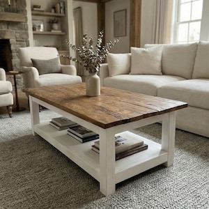 Rustic Reclaimed Oak Coffee Table, Handcrafted Solid Wood Table with Storage Shelf image 3