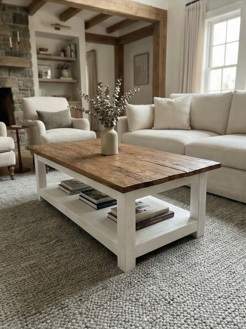 Rustic Reclaimed Oak Coffee Table, Handcrafted Solid Wood Table with Storage Shelf image 3