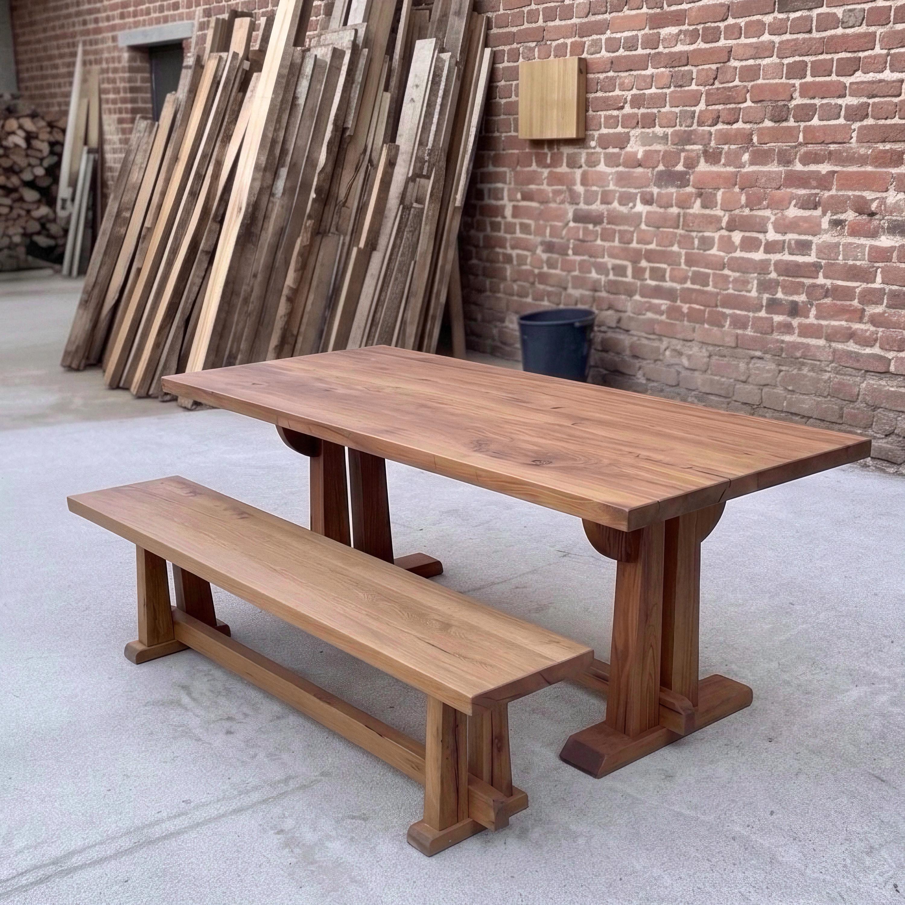 Japandi Rustic Oak Dining Table and Bench – Long Reclaimed Wood