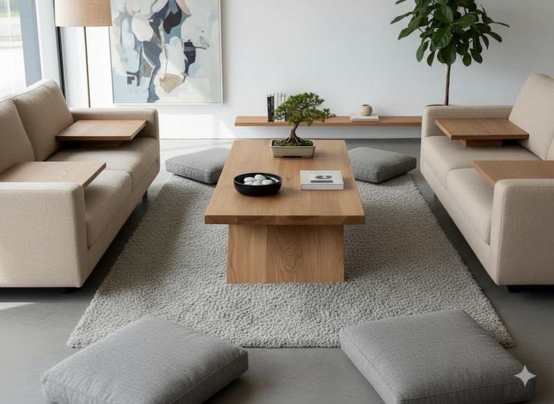 Puede incluir: Sal&oacute;n moderno con dos sof&aacute;s beige, mesas auxiliares de madera, mesa de centro de madera clara, cojines grises y alfombra gris clara. Un bons&aacute;i y objetos decorativos adornan la mesa.