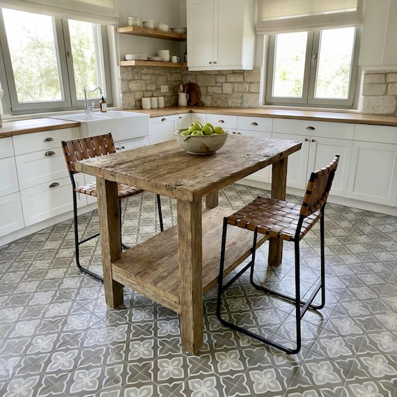 Reclaimed Oak Kitchen Island Table – Rustic Farmhouse Counter Height Table with Storage Shelf