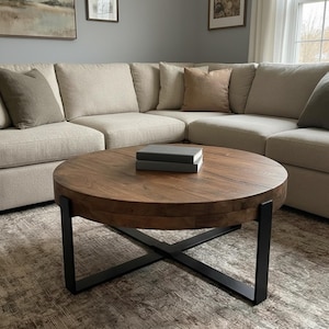 Round Oak Coffee Table – Thick Solid Wood Top With Metal Cross Base - Etsy