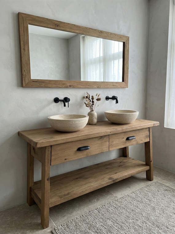 Solid Reclaimed Oak Double Sink Bathroom Vanity – Handcrafted Natural Finish Cabinet