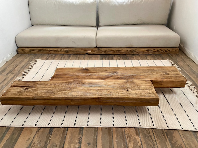 Barn Beam Coffee Table Reclaimed Wood, Low Wabi Sabi Wood Coffee Table, Rustic Japandi Furniture zdjęcie 10