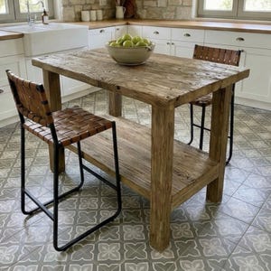 Reclaimed Oak Kitchen Island Table – Rustic Farmhouse Counter Height Table with Storage Shelf image 6
