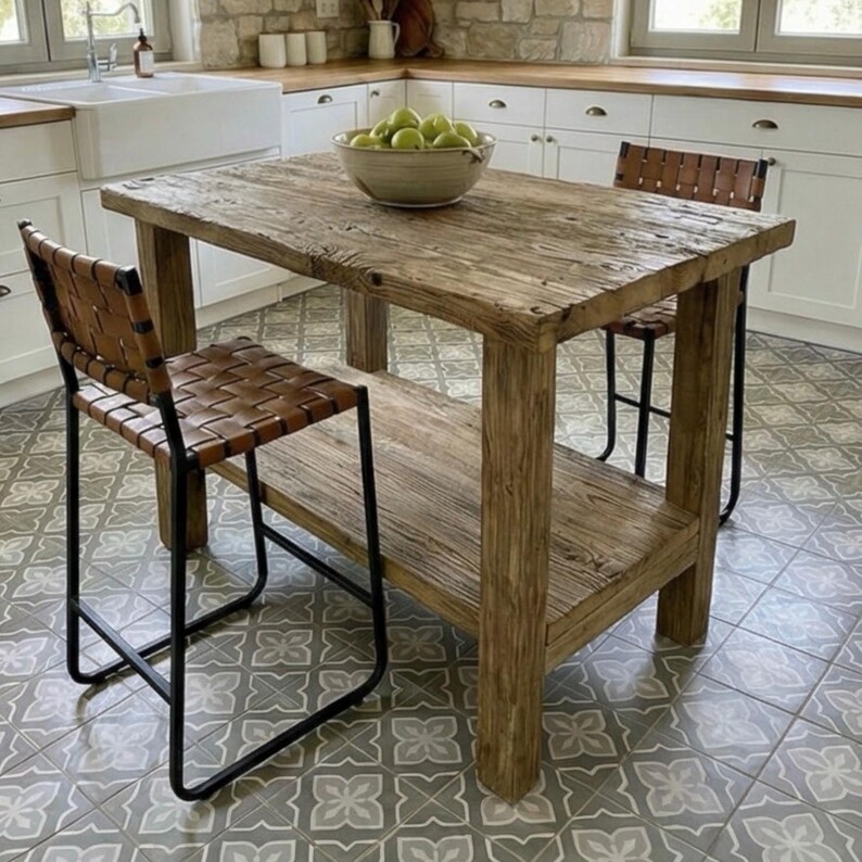 Reclaimed Oak Kitchen Island Table – Rustic Farmhouse Counter Height Table with Storage Shelf image 6