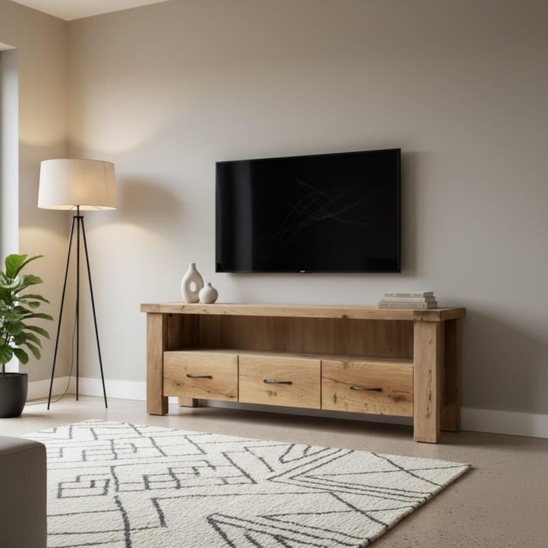 Handcrafted Solid Oak TV Stand – Rustic Farmhouse Media Console with Storage image 1