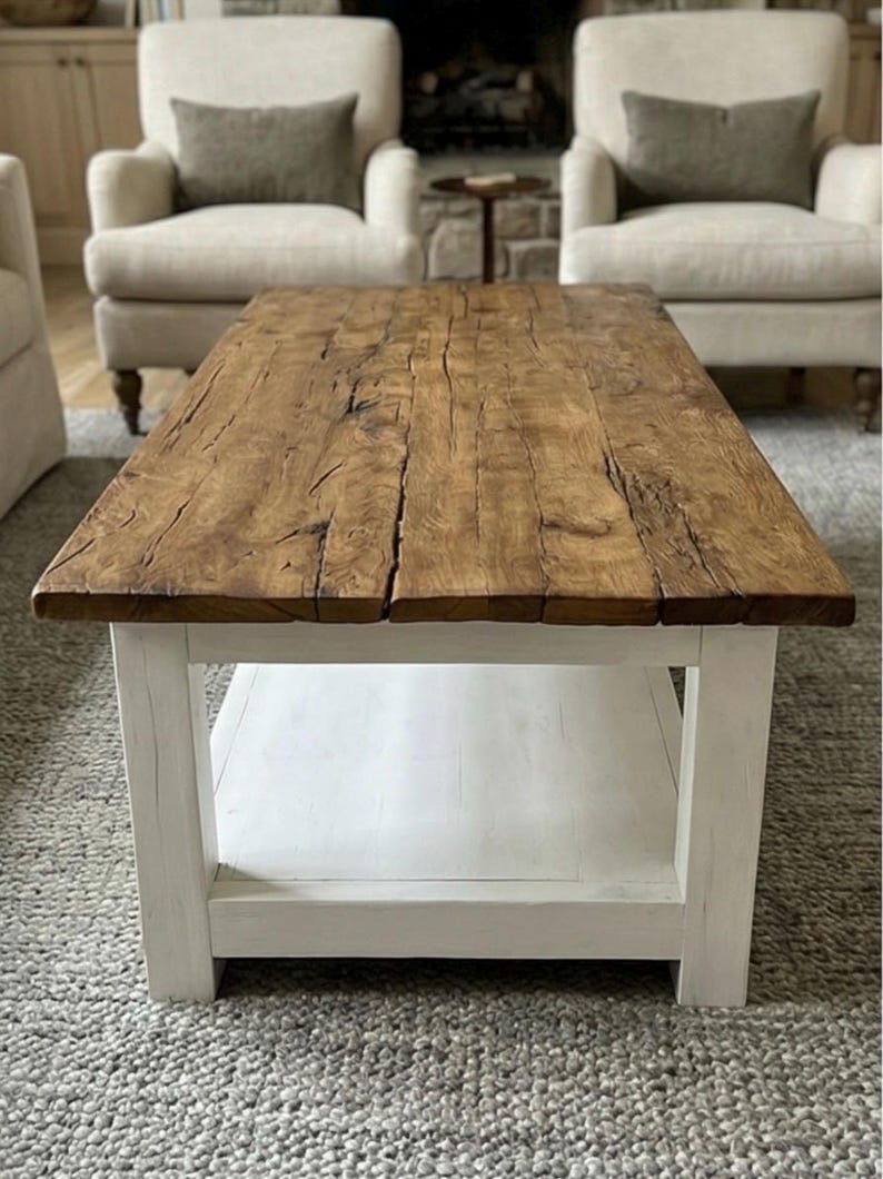 Rustic Reclaimed Oak Coffee Table, Handcrafted Solid Wood Table with Storage Shelf image 5
