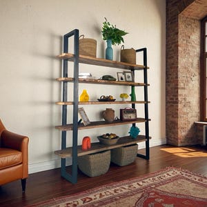 Rustic Industrial Open Shelving – Reclaimed Wood & Steel Bookcase, Freestanding Large Storage Shelves
