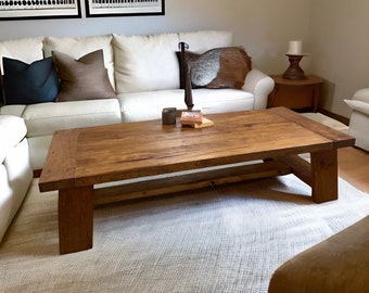 Long Coffee Table Reclaimed Wood, Low Wood Coffee Table Rectangle, Rustic Oak Coffee Table Living Room, Rustic Reclaimed Wood Table