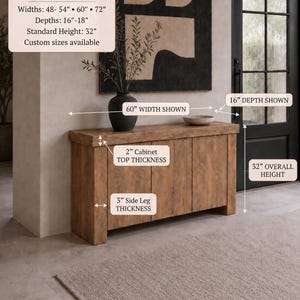 Peut inclure: Un meuble console rectangulaire en bois avec une finition grain naturel, dot&eacute; de trois portes verticales. Le meuble pr&eacute;sente un plateau de 5,08 cm d'&eacute;paisseur, des pieds de 7,62 cm, une largeur de 152,4 cm, une profondeur de 40,64 cm et 81,28 cm de hauteur.