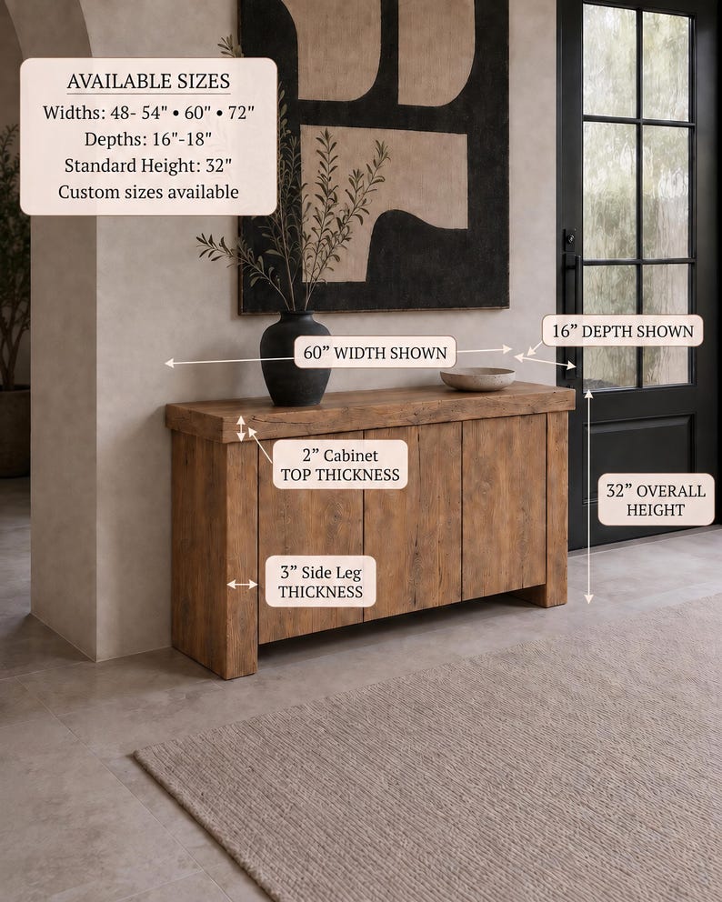 Peut inclure: Un meuble console rectangulaire en bois avec une finition grain naturel, dot&eacute; de trois portes verticales. Le meuble pr&eacute;sente un plateau de 5,08 cm d'&eacute;paisseur, des pieds de 7,62 cm, une largeur de 152,4 cm, une profondeur de 40,64 cm et 81,28 cm de hauteur.