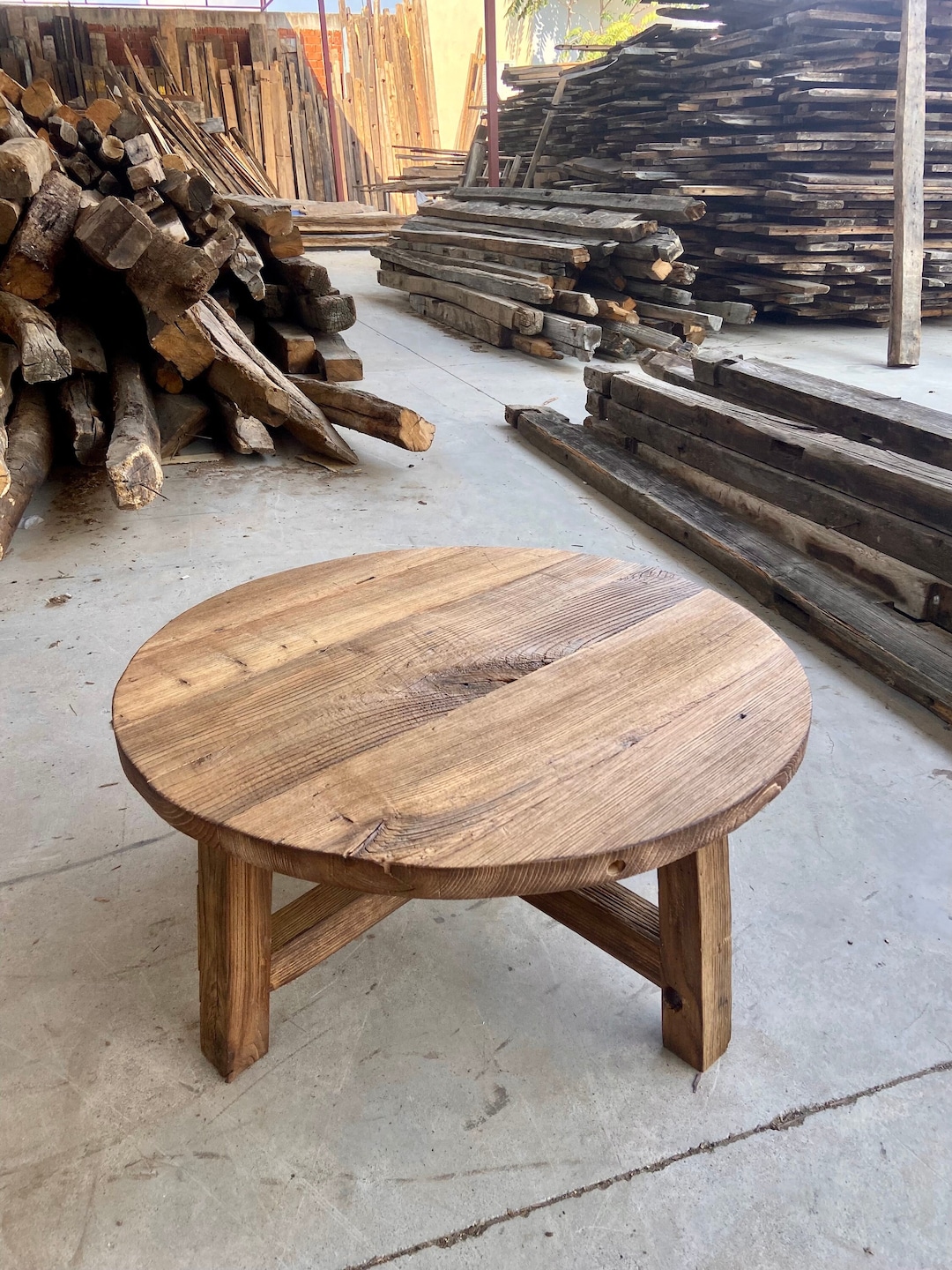 Round Rustic Coffee Table Reclaimed Wood, Farmhouse Coffee Table Living