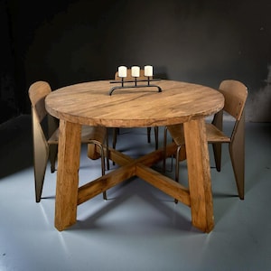 Table de ferme ronde en chêne de récupération - Pièce maîtresse de cuisine et de salle à manger rustiques