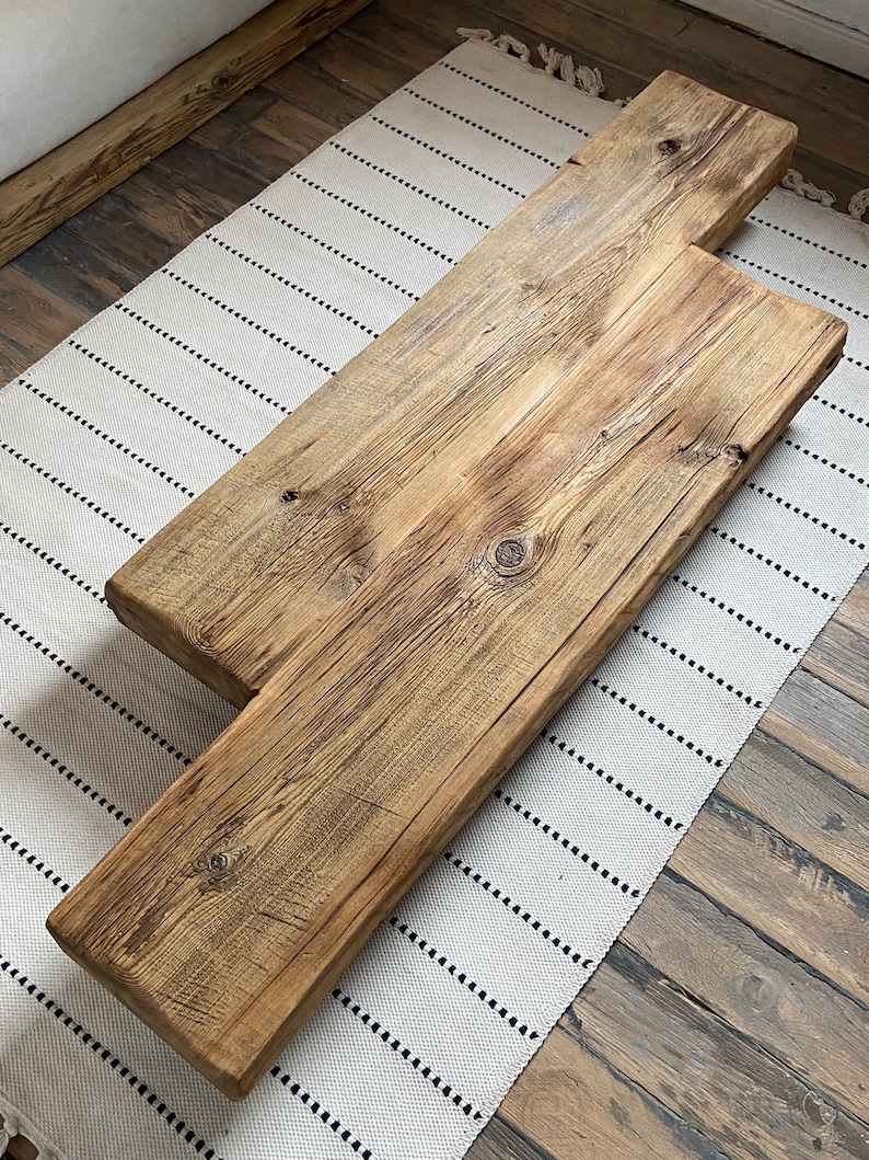 Barn Beam Coffee Table Reclaimed Wood, Low Wabi Sabi Wood Coffee Table, Rustic Japandi Furniture zdjęcie 4