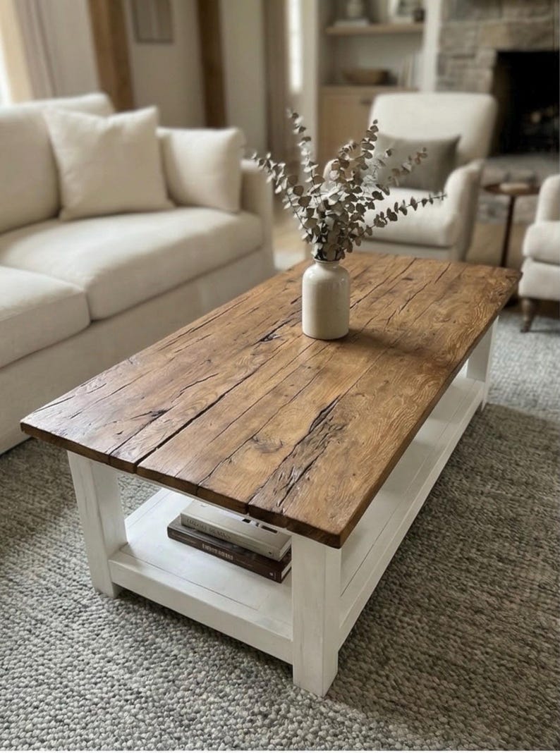 Rustic Reclaimed Oak Coffee Table, Handcrafted Solid Wood Table with Storage Shelf image 15