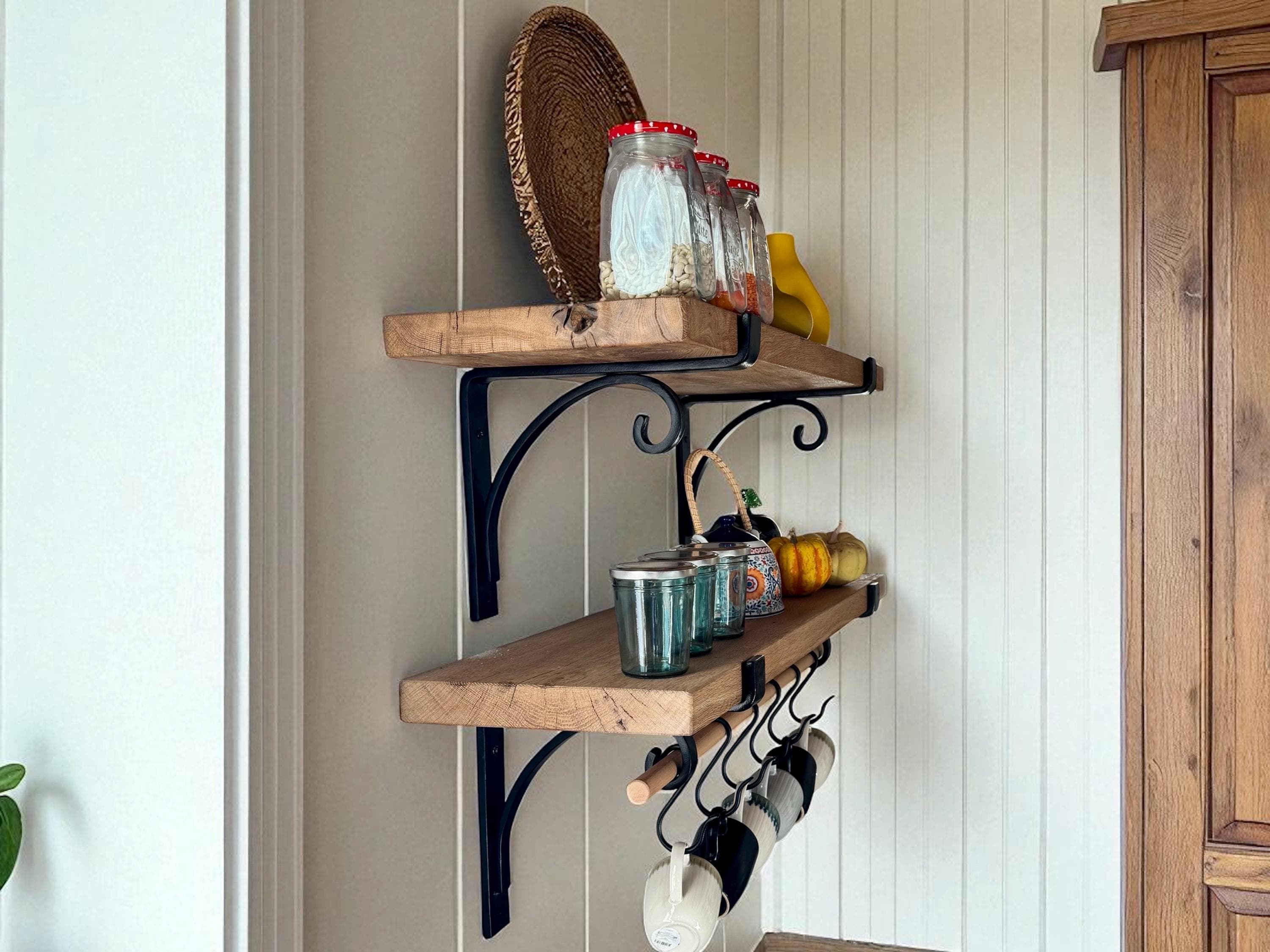 Reclaimed Oak Kitchen Shelf With Wrought Iron Brackets & Hooks