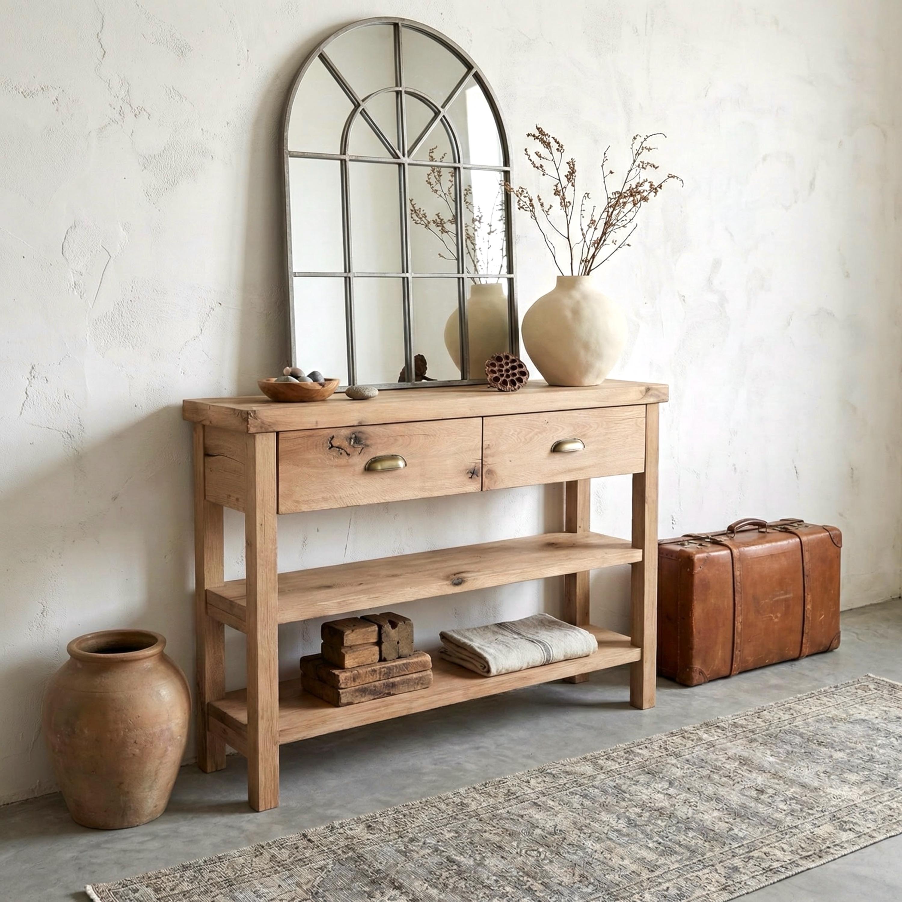 Handcrafted Reclaimed Oak Console Table With Drawers: Rustic