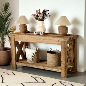 Farmhouse Rustic X Console Table, Farmhouse Console Table with Shelf, Entryway Console Table Wood, Rustic Reclaimed Console