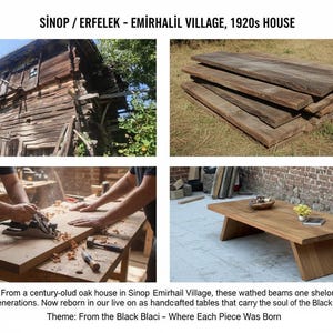 Puede incluir: Una colecci&oacute;n de im&aacute;genes que muestran muebles de madera hechos a mano. Una imagen presenta una casa de madera desgastada. Otras im&aacute;genes muestran pilas de tablones de madera, carpinter&iacute;a y una mesa de centro de roble terminada. El texto dice "SİNOP / ERFELEK - EMİRHALİL VILLAGE, 1920s HOUSE."