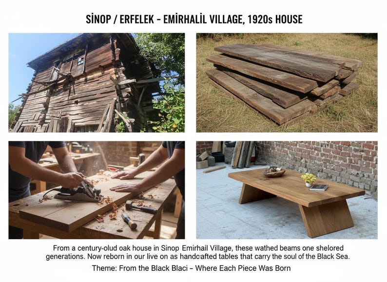 Puede incluir: Una colecci&oacute;n de im&aacute;genes que muestran muebles de madera hechos a mano. Una imagen presenta una casa de madera desgastada. Otras im&aacute;genes muestran pilas de tablones de madera, carpinter&iacute;a y una mesa de centro de roble terminada. El texto dice "SİNOP / ERFELEK - EMİRHALİL VILLAGE, 1920s HOUSE."