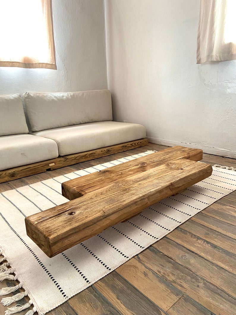 Barn Beam Coffee Table Reclaimed Wood, Low Wabi Sabi Wood Coffee Table, Rustic Japandi Furniture image 6